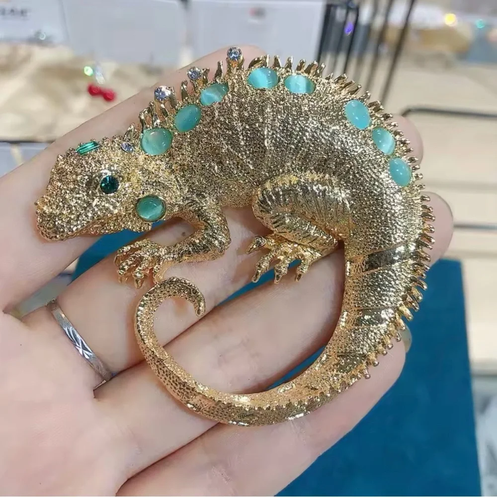Gold and Turquoise Iguana Brooch